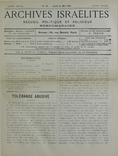 Archives israélites de France. Vol.72 N°19 (11 mai 1911)