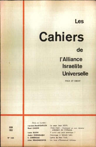 Les Cahiers de l'Alliance Israélite Universelle (Paix et Droit).  N°143 (01 juin 1963)