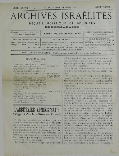 Archives israélites de France. Vol.72 N°29 (20 juil. 1911)