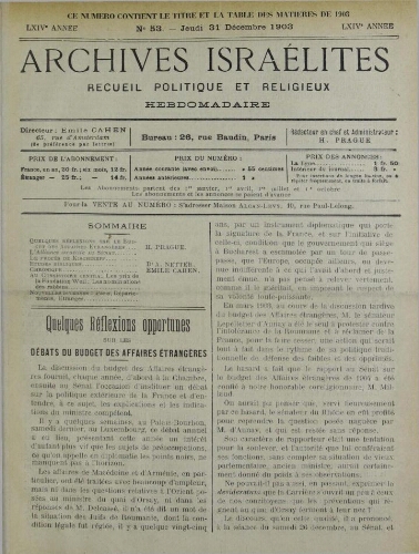 Archives israélites de France. Vol.64 N°53 (31 déc. 1903)