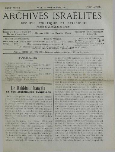 Archives israélites de France. Vol.72 N°28 (13 juil. 1911)