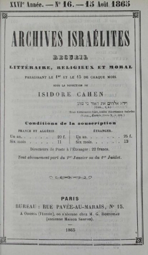 Archives israélites de France. Vol.26 N°16 (15 août 1865)