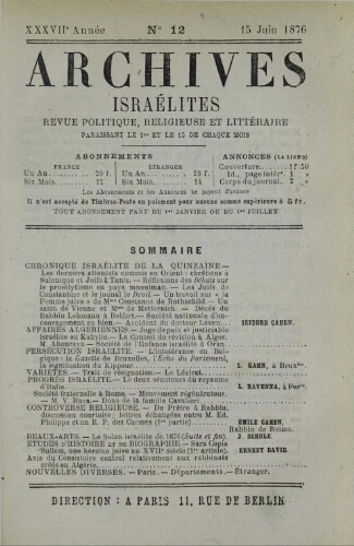 Archives israélites de France. Vol.37 N°12 (15 juin 1876)