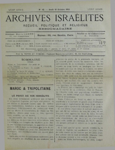 Archives israélites de France. Vol.72 N°42 (19 oct. 1911)