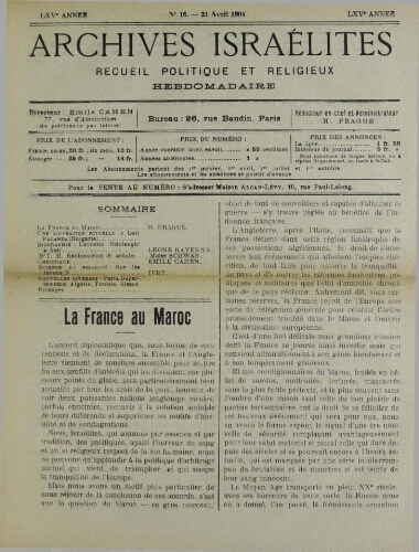 Archives israélites de France. Vol.65 N°16 (21 avr. 1904)