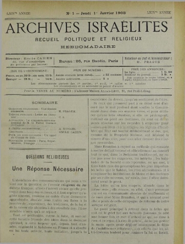 Archives israélites de France. Vol.64 N°01 (01 janv. 1903)