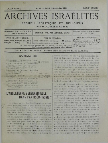 Archives israélites de France. Vol.72 N°36 (07 sept. 1911)