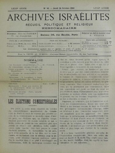 Archives israélites de France. Vol.72 N°43 (26 oct. 1911)