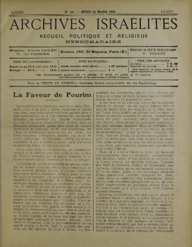 Archives israélites de France. Vol.85 N°11 (13 mars 1924)