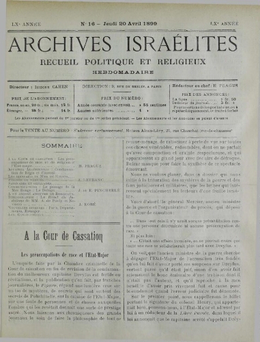 Archives israélites de France. Vol.60 N°16 (20 avr. 1899)