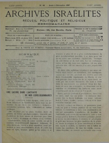 Archives israélites de France. Vol.68 N°49 (05 déc. 1907)