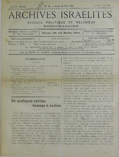 Archives israélites de France. Vol.72 N°26 (29 juin 1911)