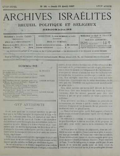 Archives israélites de France. Vol.58 N°16 (22 avr. 1897)