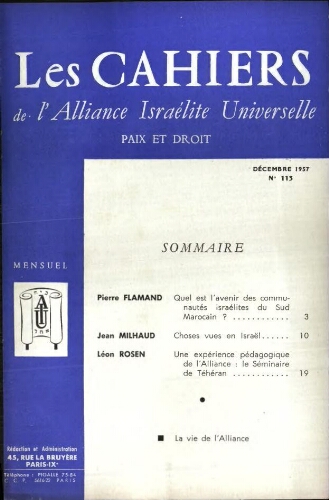 Les Cahiers de l'Alliance Israélite Universelle (Paix et Droit).  N°113 (01 déc. 1957)