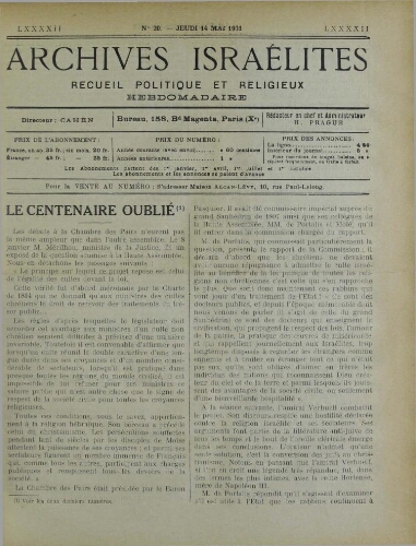 Archives israélites de France. Vol.92 N°20 (14 mai 1931)