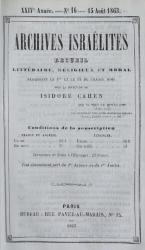 Archives israélites de France. Vol.24 N°16 (15 août 1863)