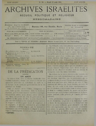 Archives israélites de France. Vol.65 N°32 (11 août 1904)