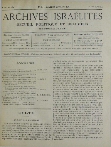 Archives israélites de France. Vol.57 N°08 (20 févr. 1896)