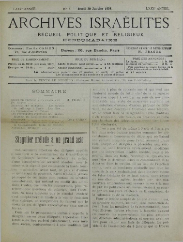 Archives israélites de France. Vol.69 N°05 (30 janv. 1908)