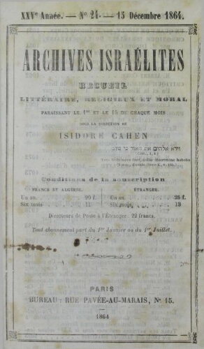 Archives israélites de France. Vol.25 N°24 (15 déc. 1864)