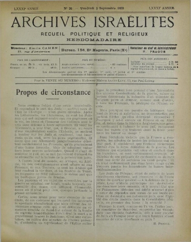 Archives israélites de France. Vol.81 N°36 (03 sept. 1920)