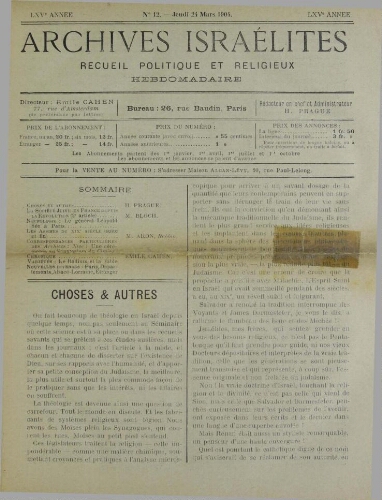 Archives israélites de France. Vol.65 N°12 (24 mars 1904)