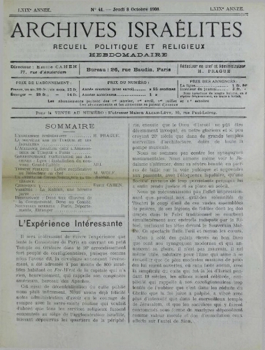 Archives israélites de France. Vol.69 N°41 (08 oct. 1908)