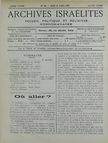 Archives israélites de France. Vol.73 N°28 (11 juil. 1912)