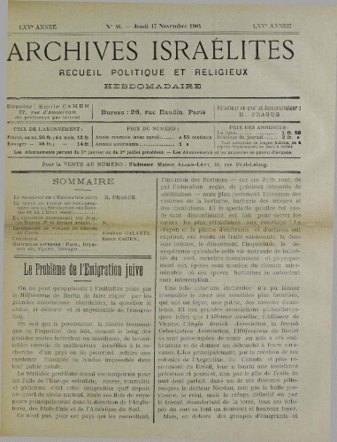 Archives israélites de France. Vol.65 N°46 (17 nov. 1904)