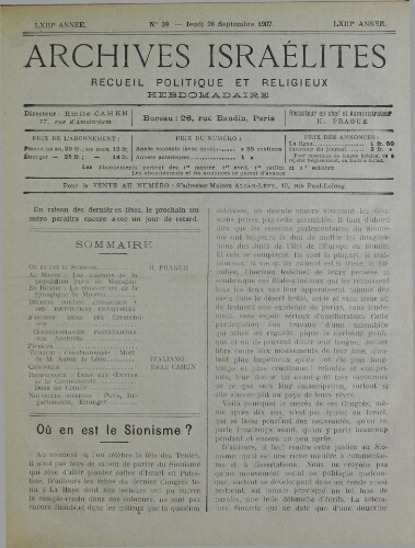 Archives israélites de France. Vol.68 N°39 (26 sept. 1907)