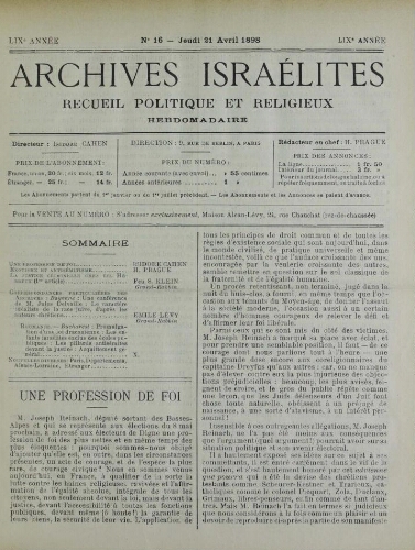 Archives israélites de France. Vol.59 N°16 (21 avr. 1898)