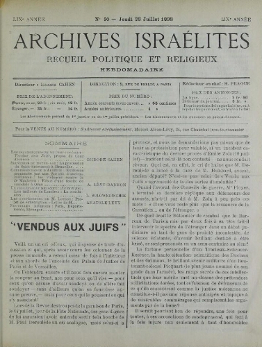 Archives israélites de France. Vol.59 N°30 (28 juil. 1898)