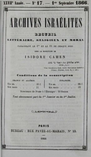 Archives israélites de France. Vol.27 N°17 (01 sept. 1866)