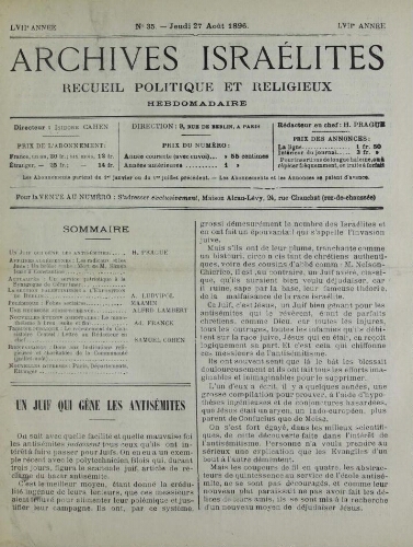 Archives israélites de France. Vol.57 N°35 (27 août 1896)