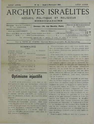 Archives israélites de France. Vol.72 N°44 (02 nov. 1911)