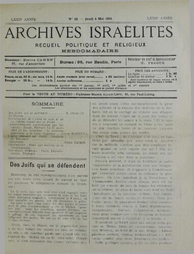 Archives israélites de France. Vol.72 N°18 (04 mai 1911)