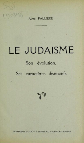 Le Judaisme, son évolution, ses caractères distinctifs