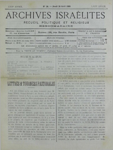 Archives israélites de France. Vol.69 N°34 (20 août 1908)