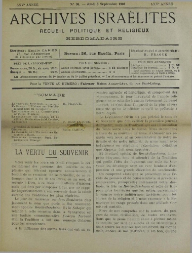 Archives israélites de France. Vol.65 N°36 (08 sept. 1904)