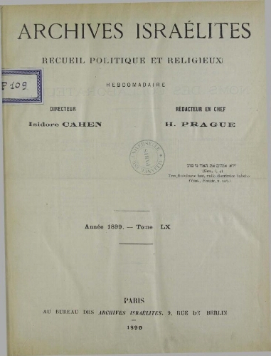 Archives israélites de France. Vol.60 N° (01 janv. 1899)