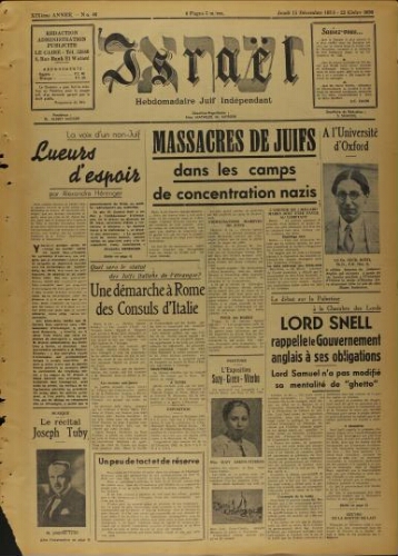 Israël : Hebdomadaire Juif Indépendant Vol.19 N°46 (15 décembre 1938)