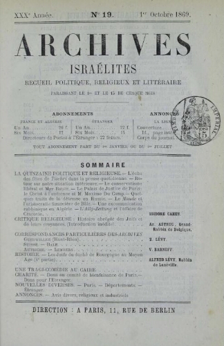 Archives israélites de France. Vol.30 N°19 (01 oct. 1869)