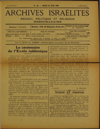 Archives israélites de France. Vol.91 N°26 (26 juin 1930)