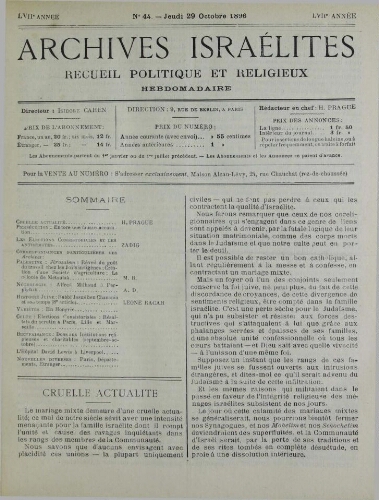 Archives israélites de France. Vol.57 N°44 (29 oct. 1896)