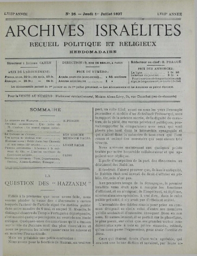 Archives israélites de France. Vol.58 N°26 (01 juil. 1897)