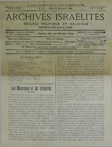 Archives israélites de France. Vol.69 N°53 (31 déc. 1908)