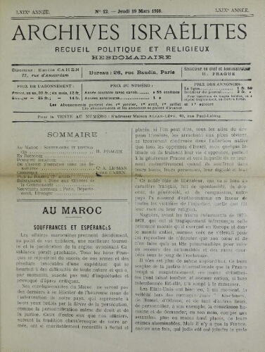 Archives israélites de France. Vol.69 N°12 (19 mars 1908)