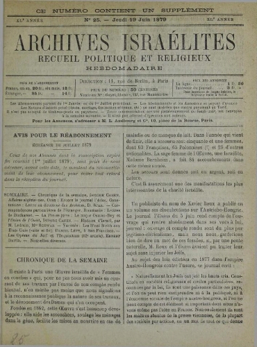 Archives israélites de France. Vol.40 N°25 (19 juin 1879)