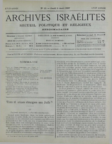 Archives israélites de France. Vol.58 N°31 (05 août 1897)