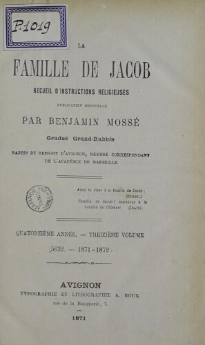 La Famille de Jacob  Vol.13 F°01 (1871-1872)